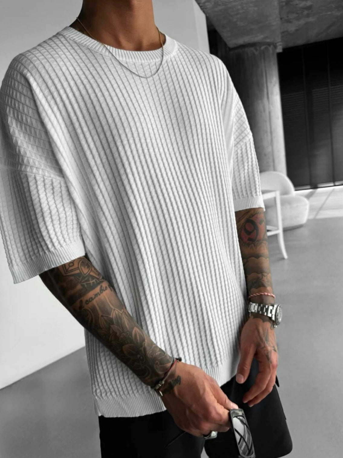 Μπλούζα κοντομάνικη πλεκτή Oversized λευκή