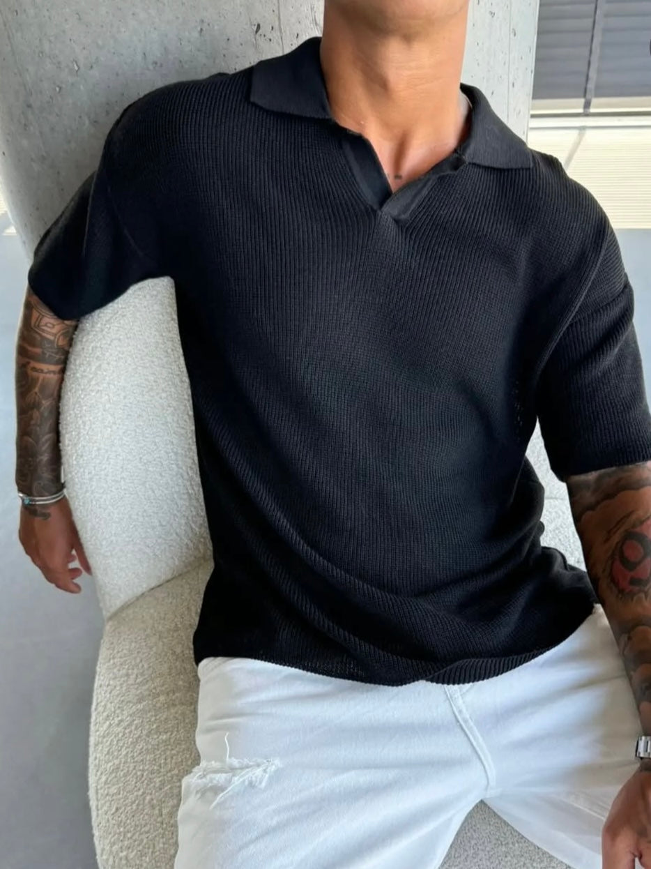 Μπλούζα κοντομάνικη πλεκτή πόλο μαύρη