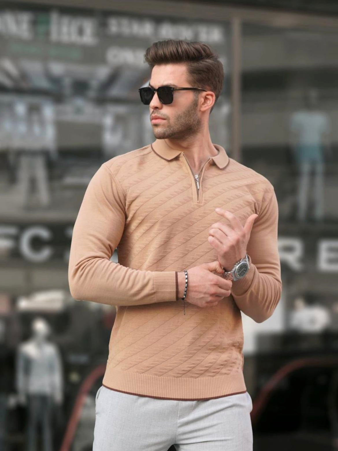 Μπλούζα με φερμουάρ MADMEXT μπεζ