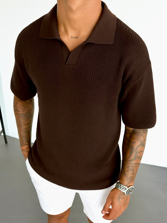 Μπλούζα κοντομάνικη πλεκτή πόλο καφέ
