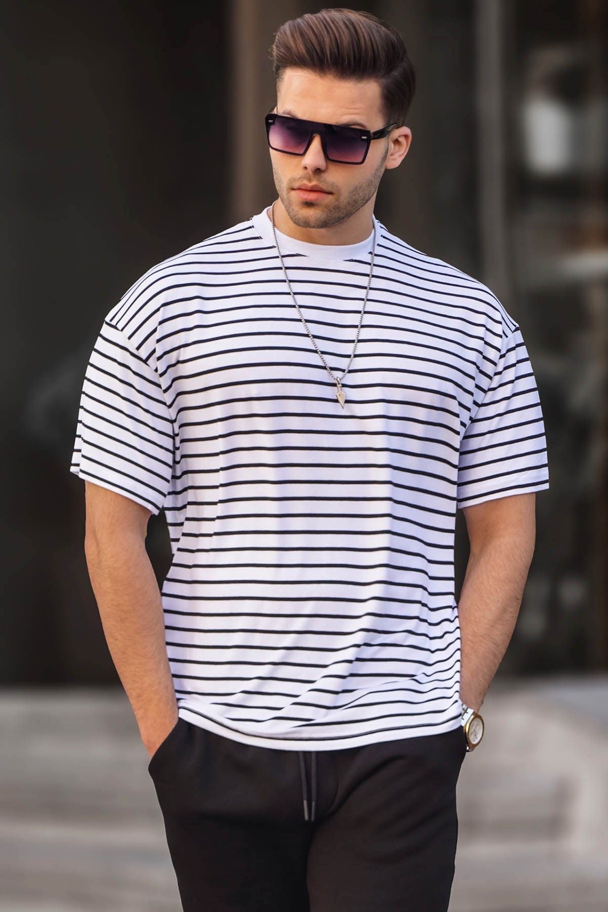 Μπλούζα κοντομάνικη ριγέ MADMEXT λευκή